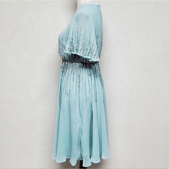 ASOS Sage Green Chiffon Sequin Flutter Sleeve Keyhole A-line Formal Dress 2 - Picture 9 of 16